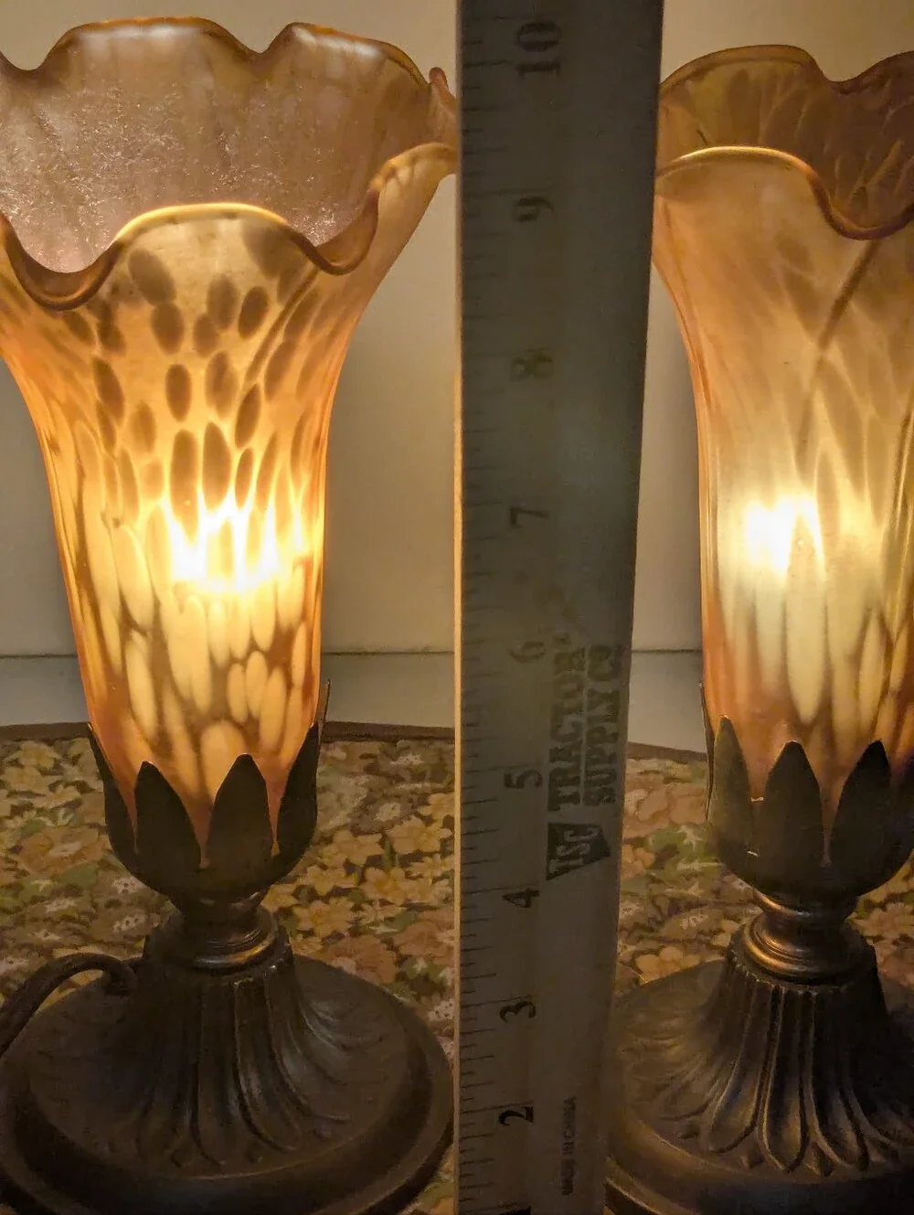 Vintage Amber Glass Pond Lily Tulip Trumpet Table Lamps